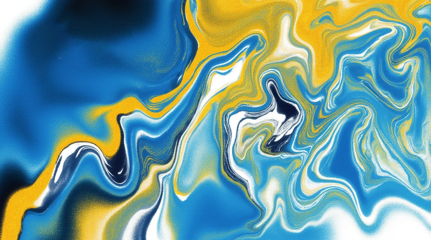 Abstract fluid artwork in cobalt blue, white and saffron